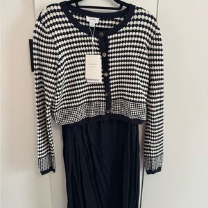 Seraphine Navy and White Midi Dress with Knit Cardigan NWT